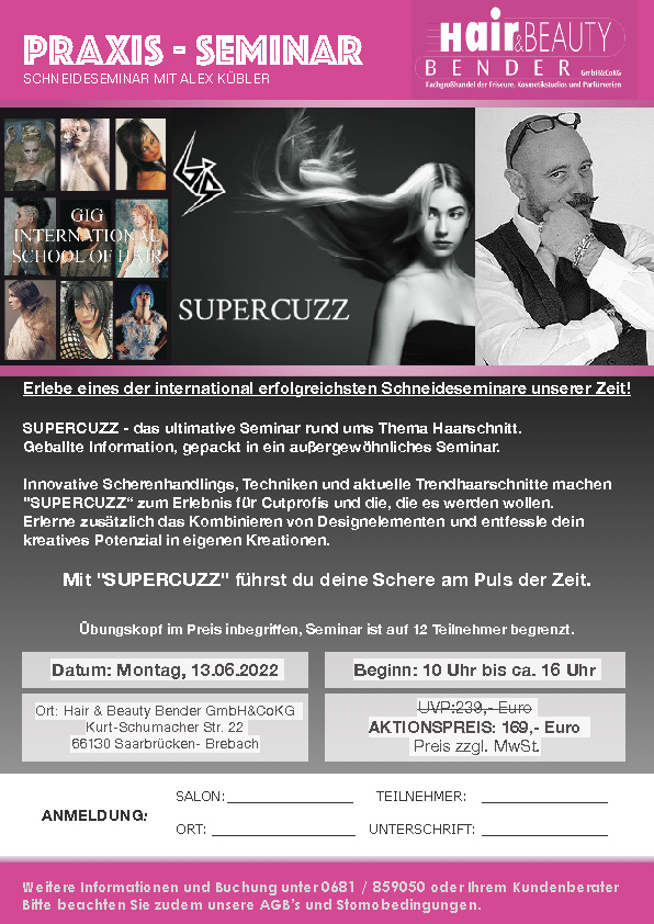 SCHNEIDESEMINAR MITALEX KÜBLERMontag, 13.06.202210 Uhr bis ca. 16 Uhr